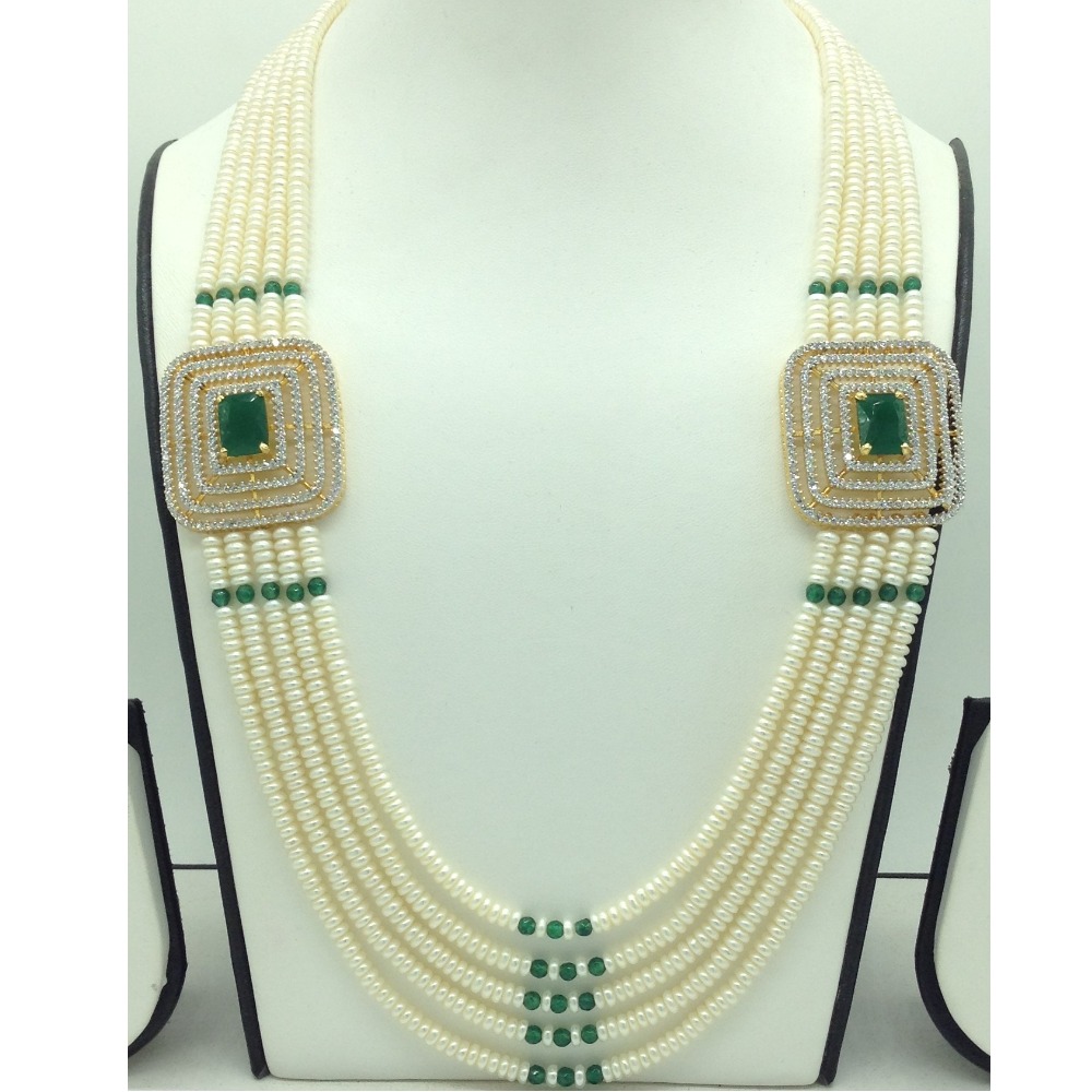 White And Green CZ Brooch Set With 5 Lines Flat Pearls Mala JPS0669