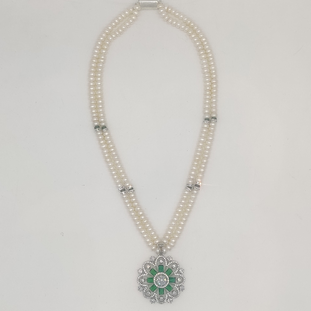 White Green Cz Stones Pendent Set with Pearls Mala JPS1020