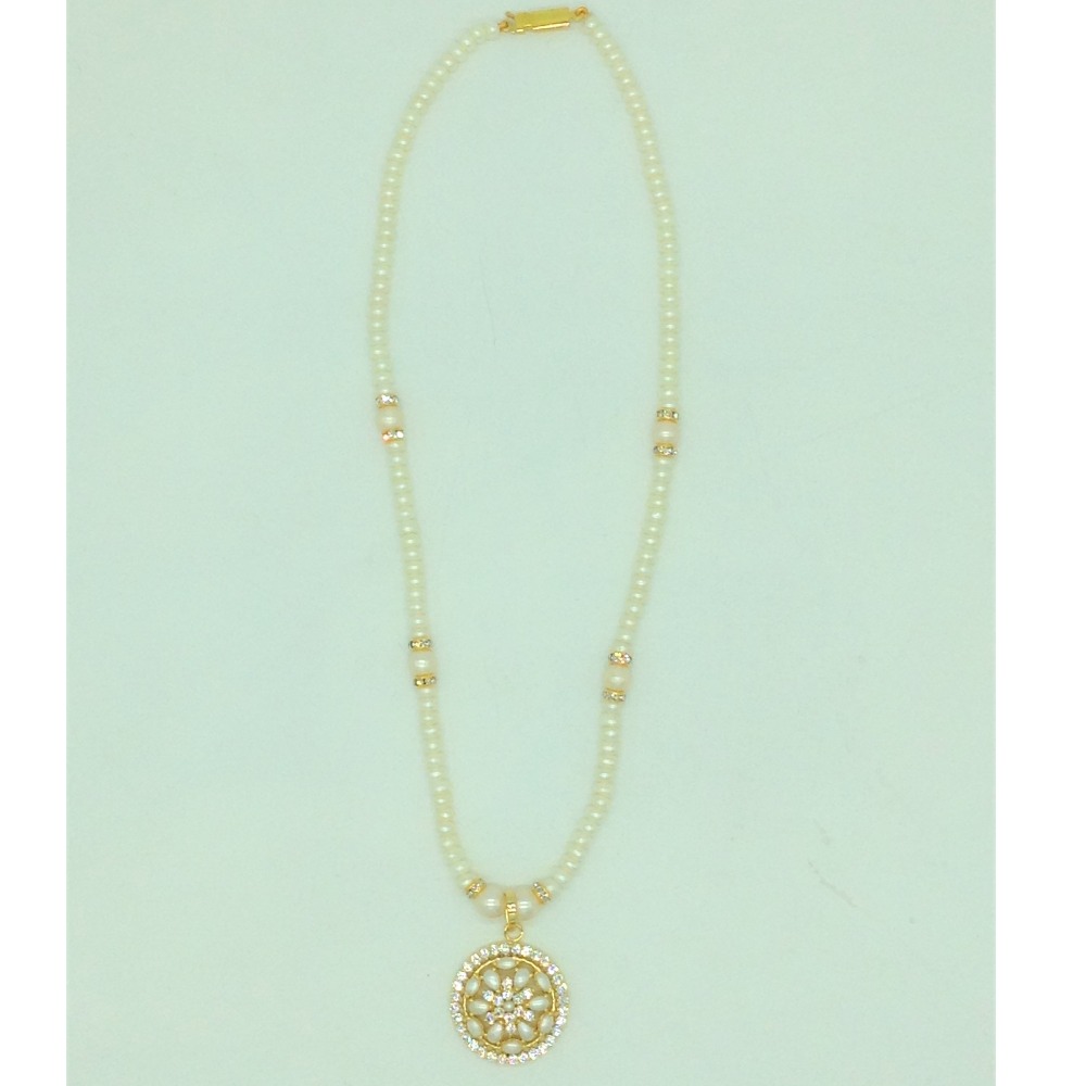 White cz pendent set with 1 line flat pearls mala jps0681