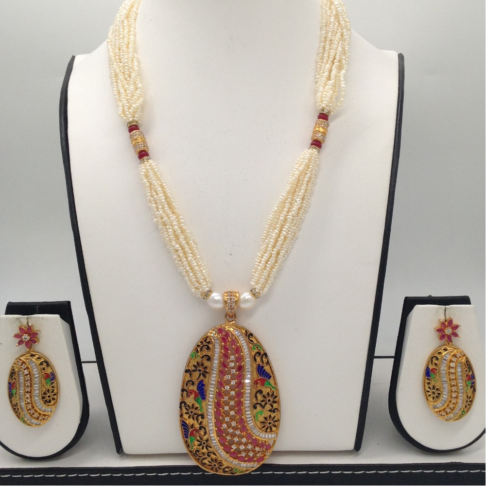 Red;white cz pendent set with 12 line seed pearls jps0335