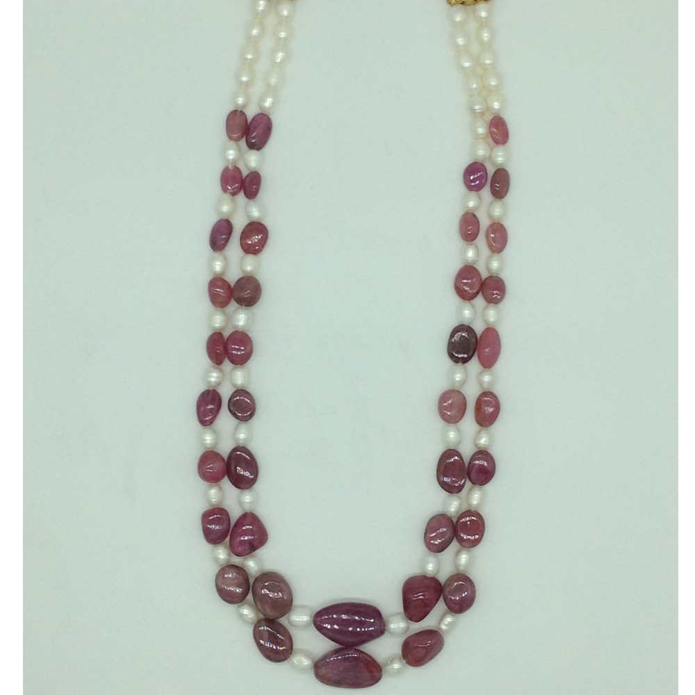 White pearls with red ruby oval 2 layers necklace jpm0492