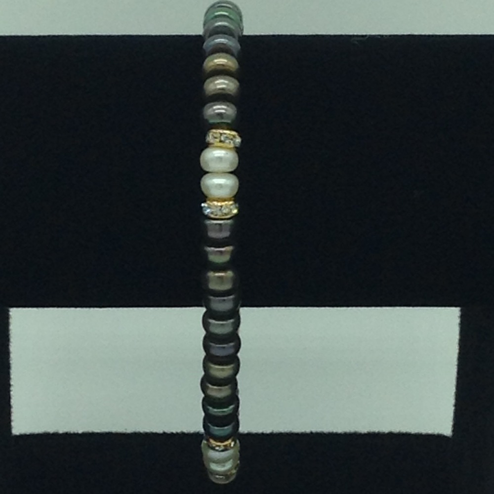 White And Brown Flat Pearls With CZ Chakri 1 Layers Bracelet JBG0113