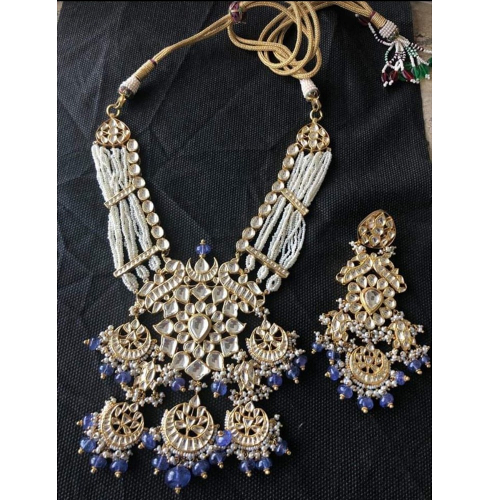 916 Gold Antique kundan with bule hanging Necklace Set