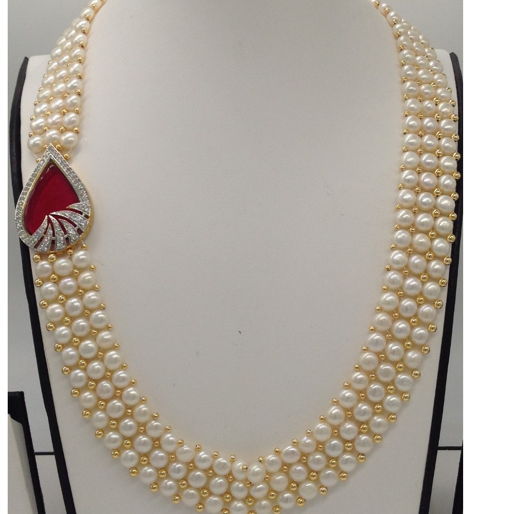 White And Red CZ Broach Set With 3 Line Button Jali Pearls Mala JPS0214