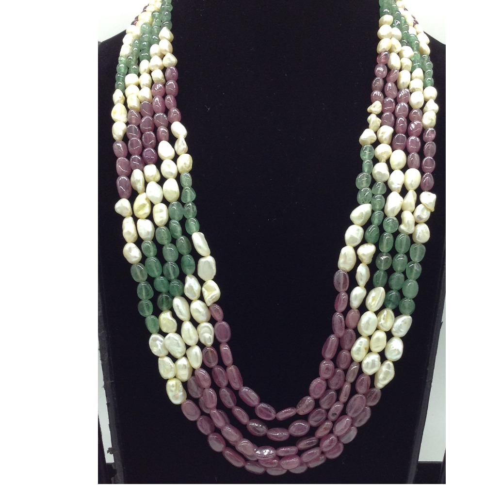 Cream Kudkal Pearls with Red,Green Beeds 5 Layers Mala JPM0525