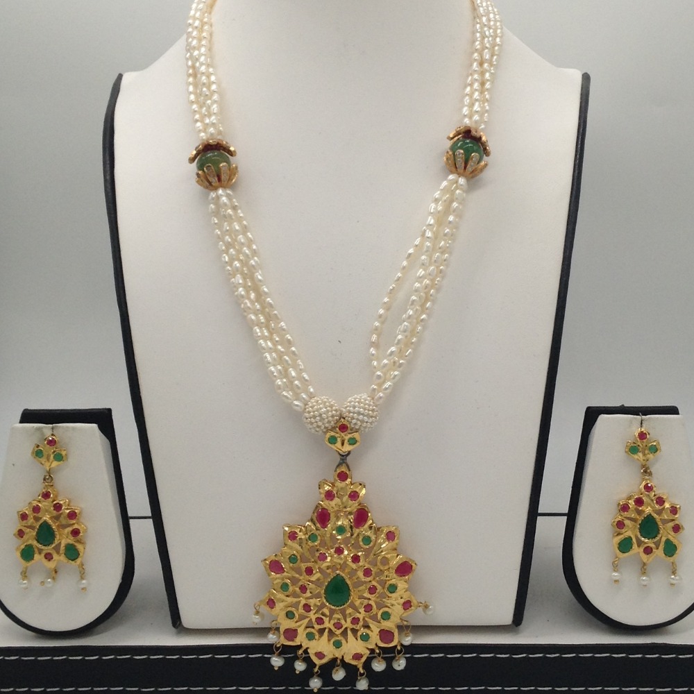 Red, green cz pendent set with 5 line rice pearls mala jps0334