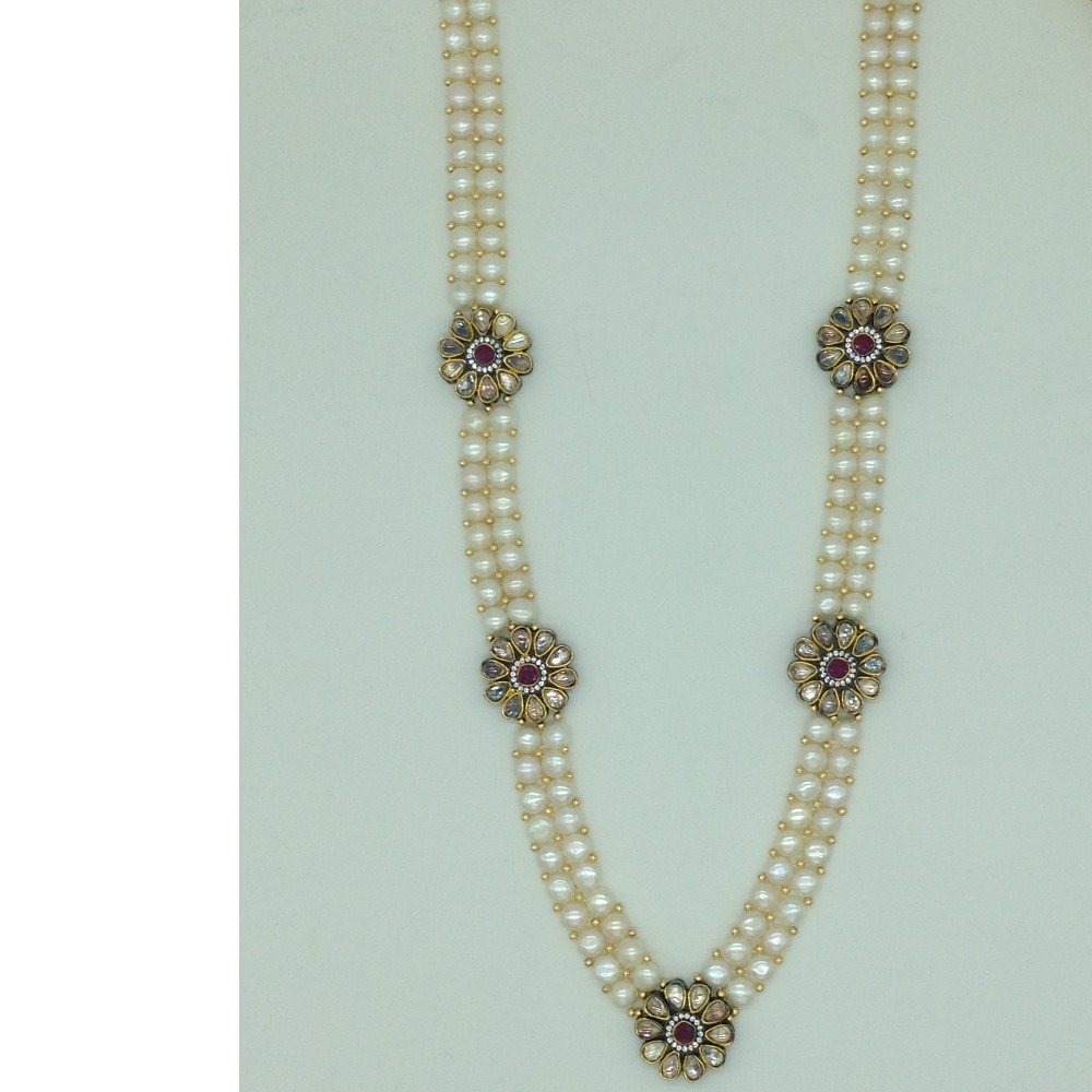 White cz and kundan broach set with button jali pearls mala jps0580