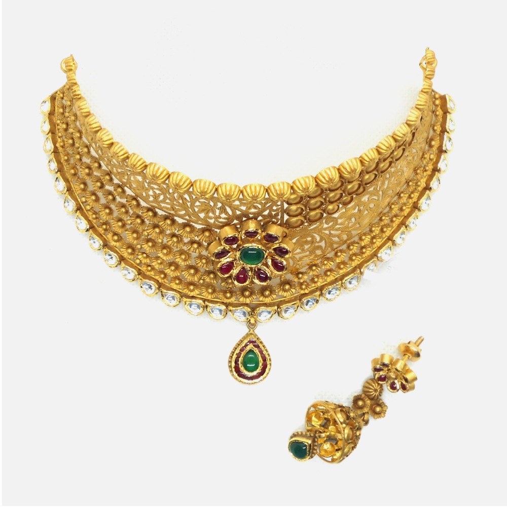 916 Gold Antique Bridal Choker Necklace Set RHJ - 4967