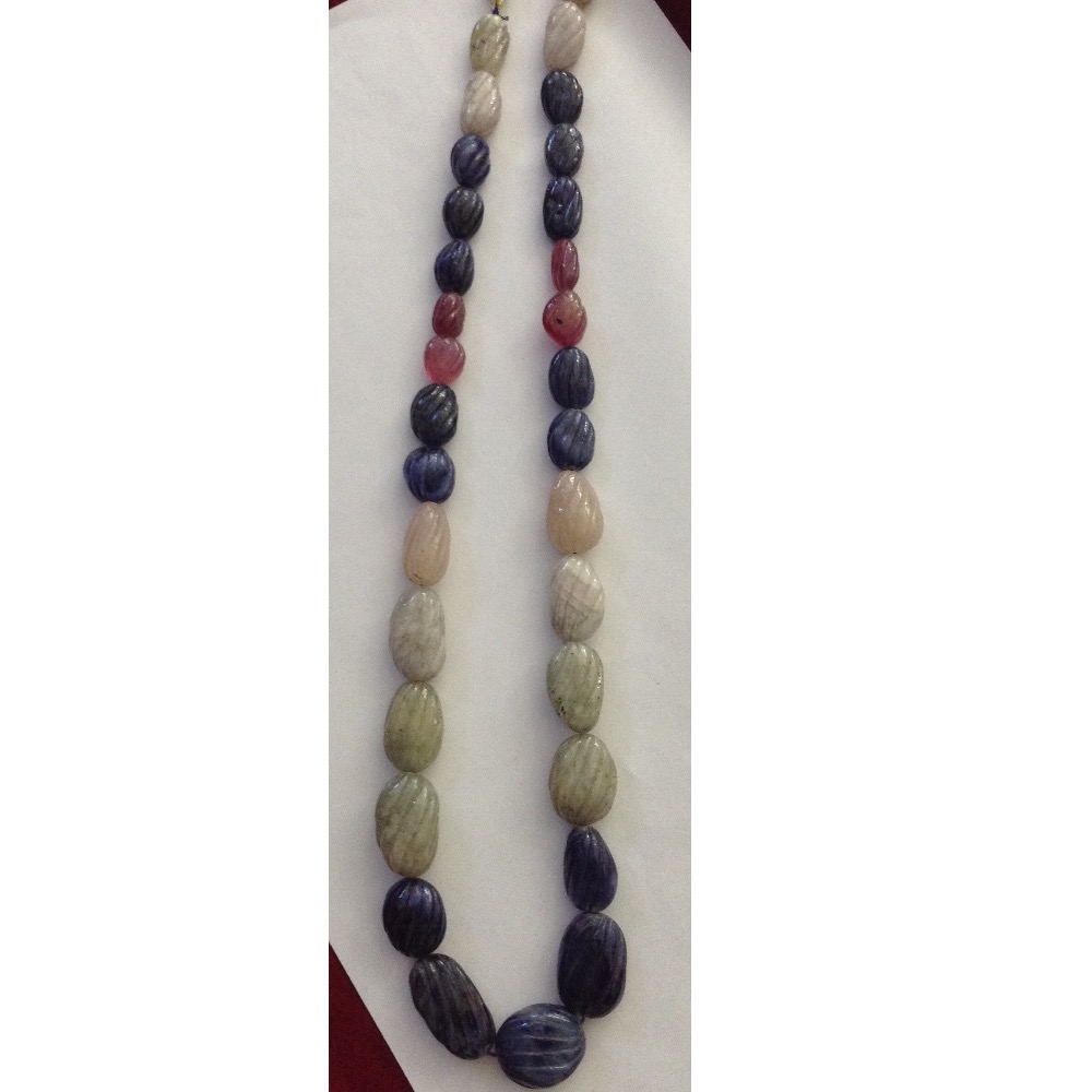 Natural multicolour sapphires oval carved beeds mala JSB0107