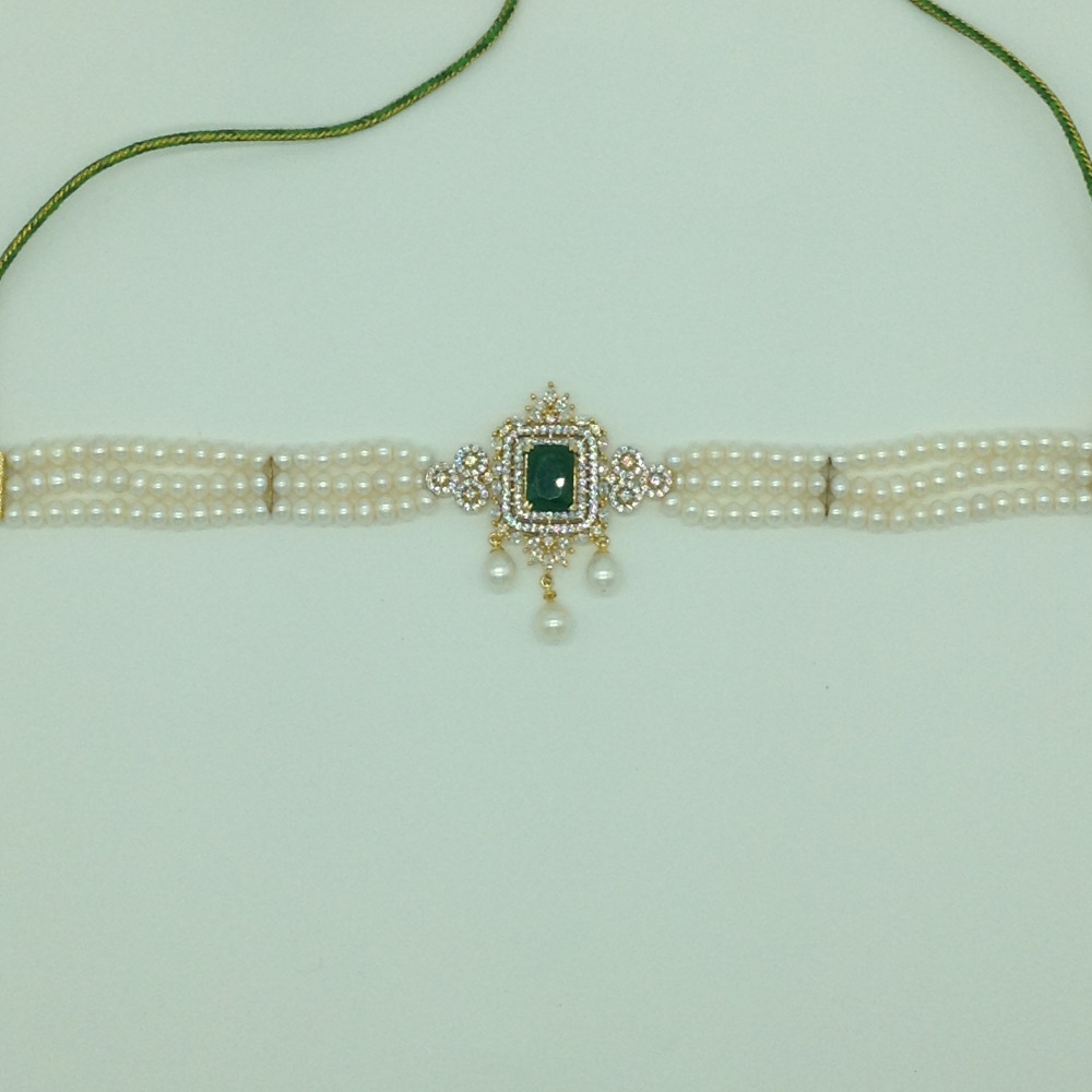 White, green cz choker set with 3 line flat pearls mala jps0550