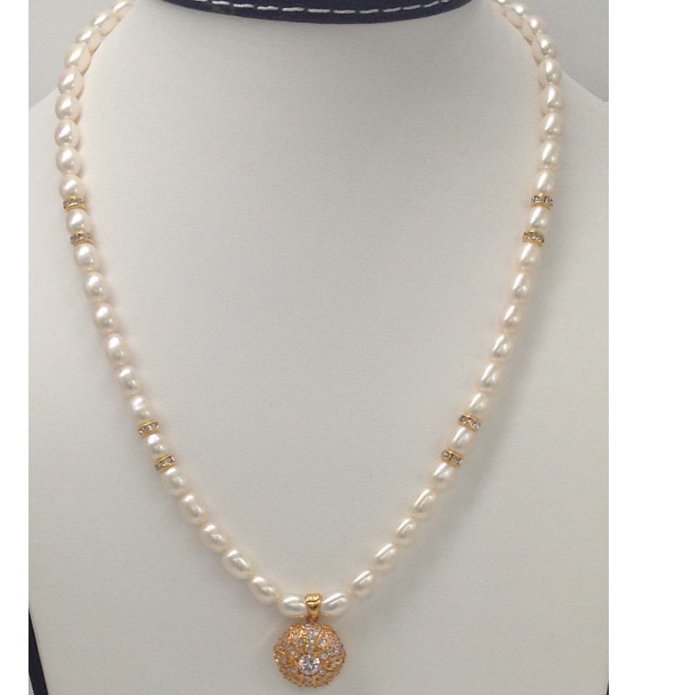 White CZ Pendent Set With Oval Pearls Mala JPS0063