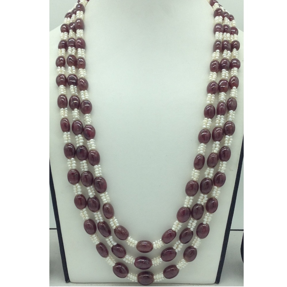 Natural Red Ruby Aweja and Seed Pearls 3 Layers Necklace JSR0155