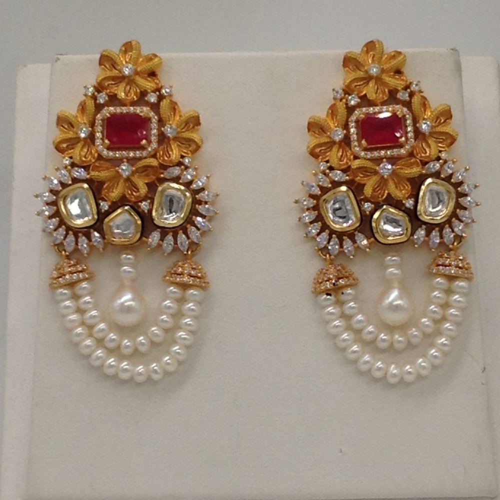 White;red cz ranihaar set with 3 lines flat pearls jps0493