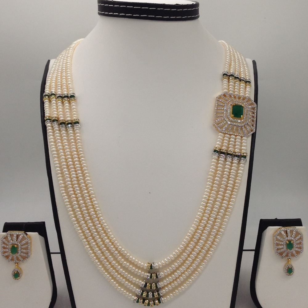 White And Green CZ Brooch Set With 5 Lines Flat Pearls Mala JPS0477