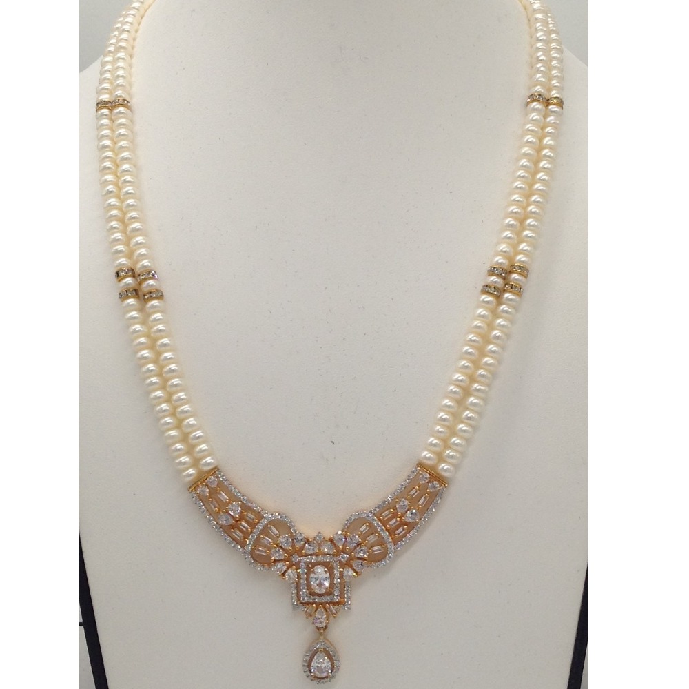 White cz pendent set with 2 line flat pearls mala jps0311