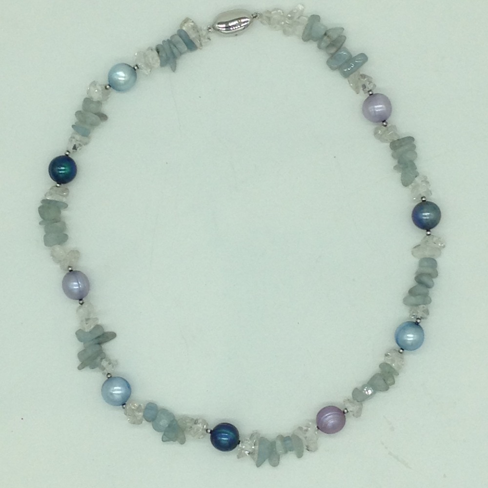 Freshwater multicolour round pearls with aquamarine mala jpm0467