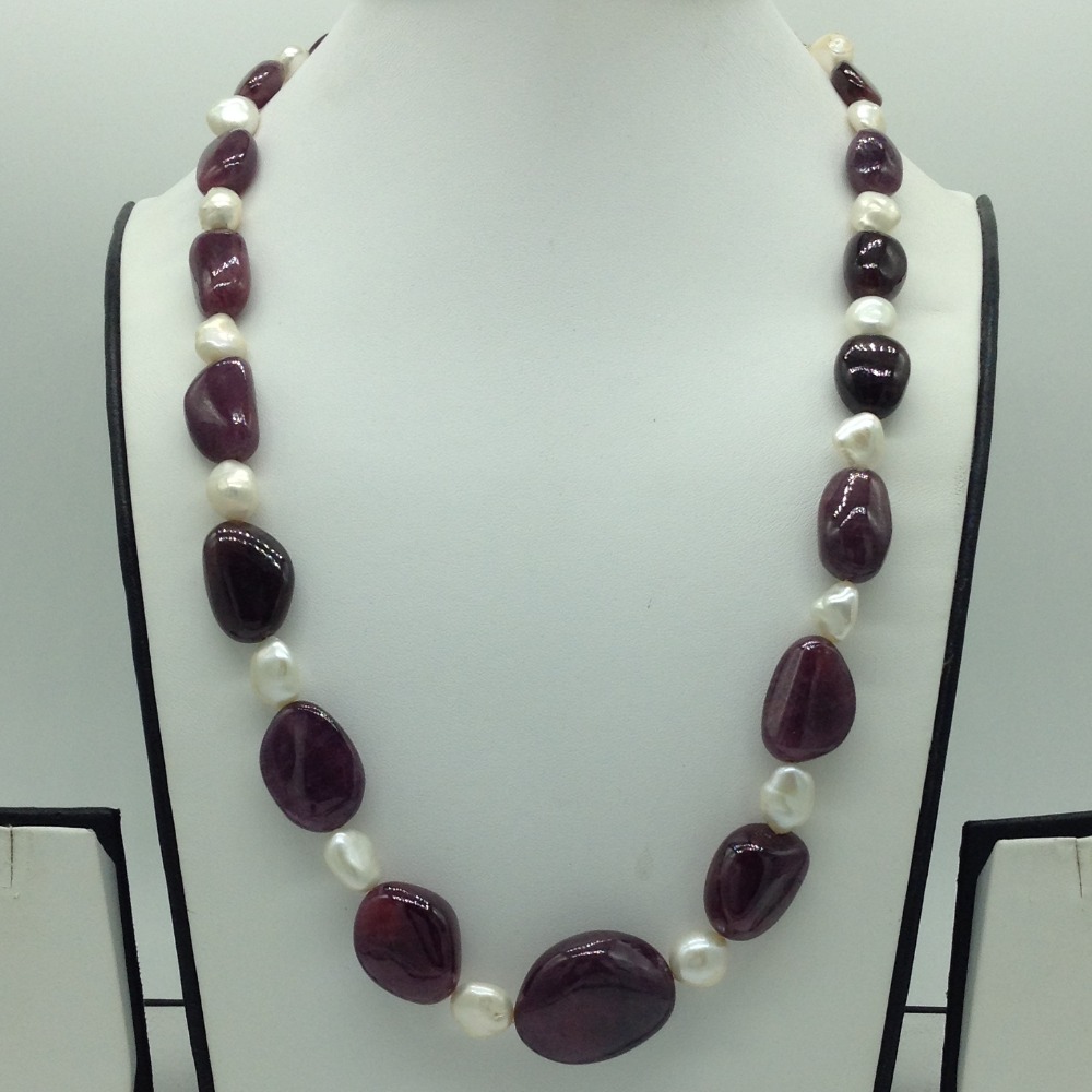 White Pearls with Red Ruby Oval Beeds 1 Layers Mala JPM0493