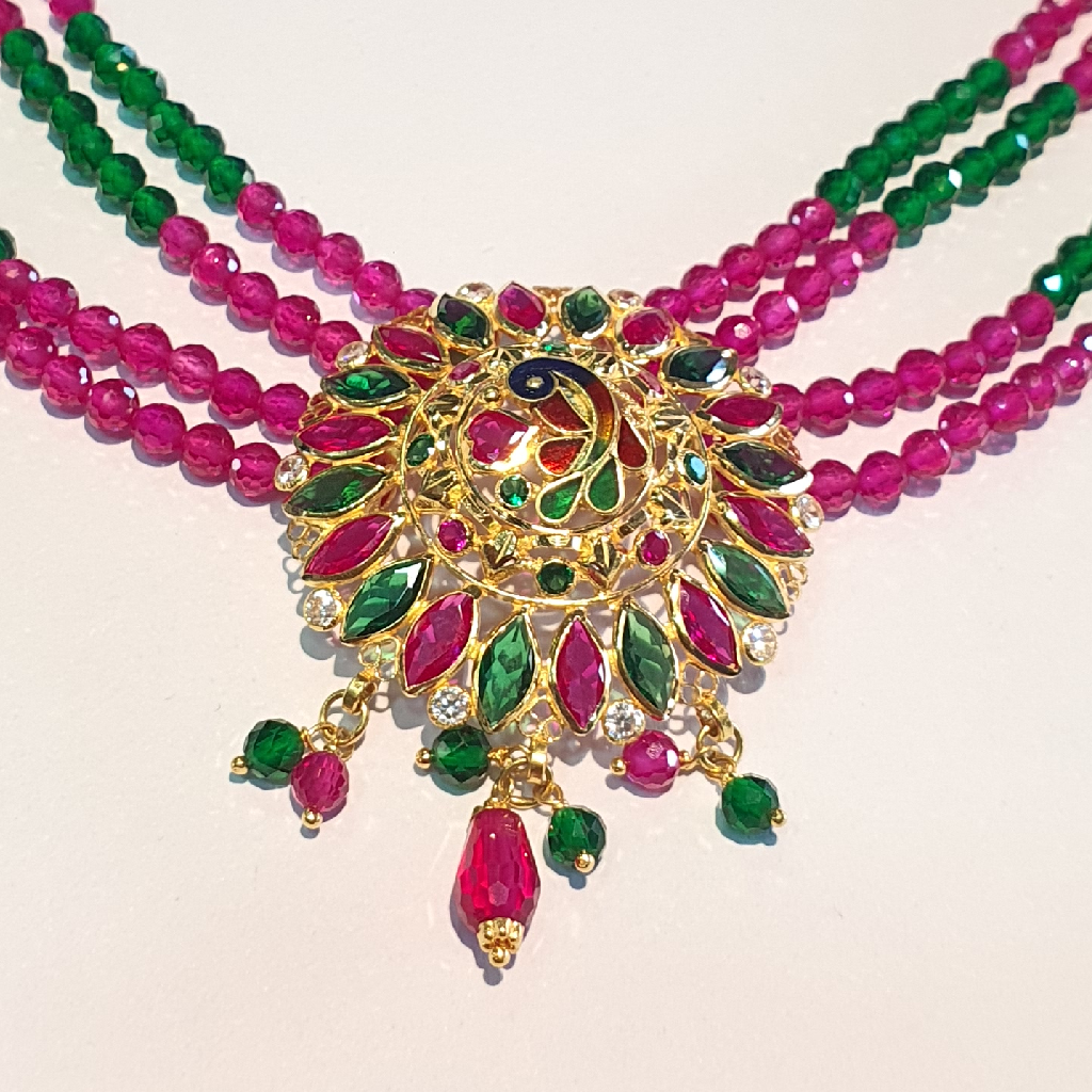 18.k Green And Red Moti Ma Peacock Design Necklace