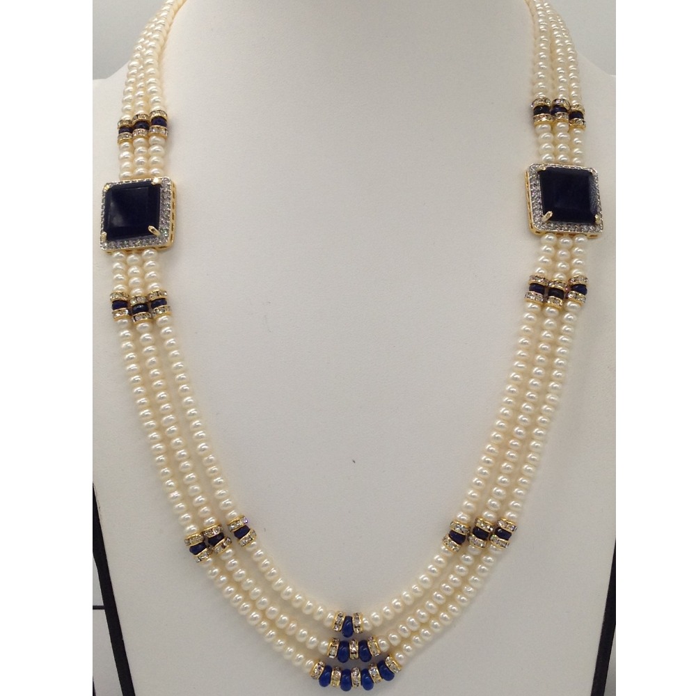 White And Blue CZ Brooch Set With 3 Lines Flat Pearls Mala JPS0489