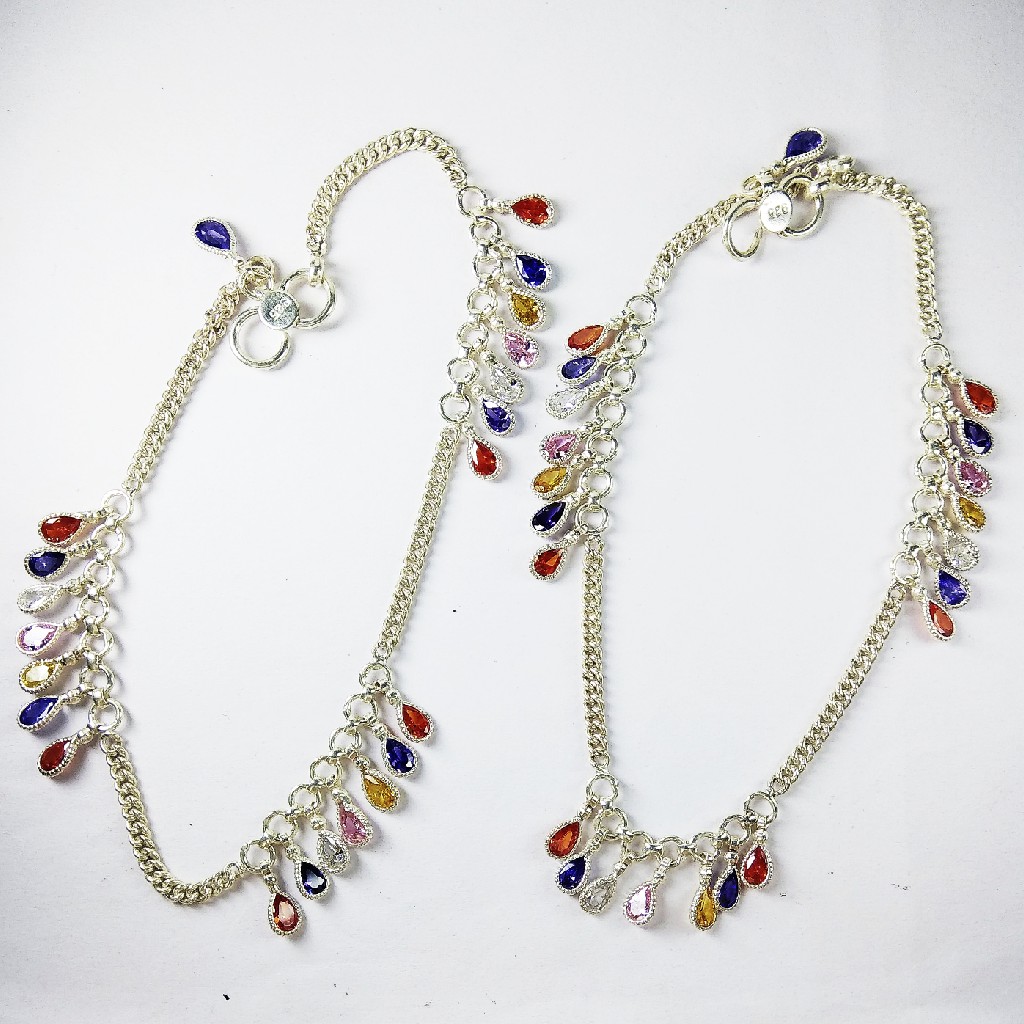 925 Silver Payal With Multivoloured Stones