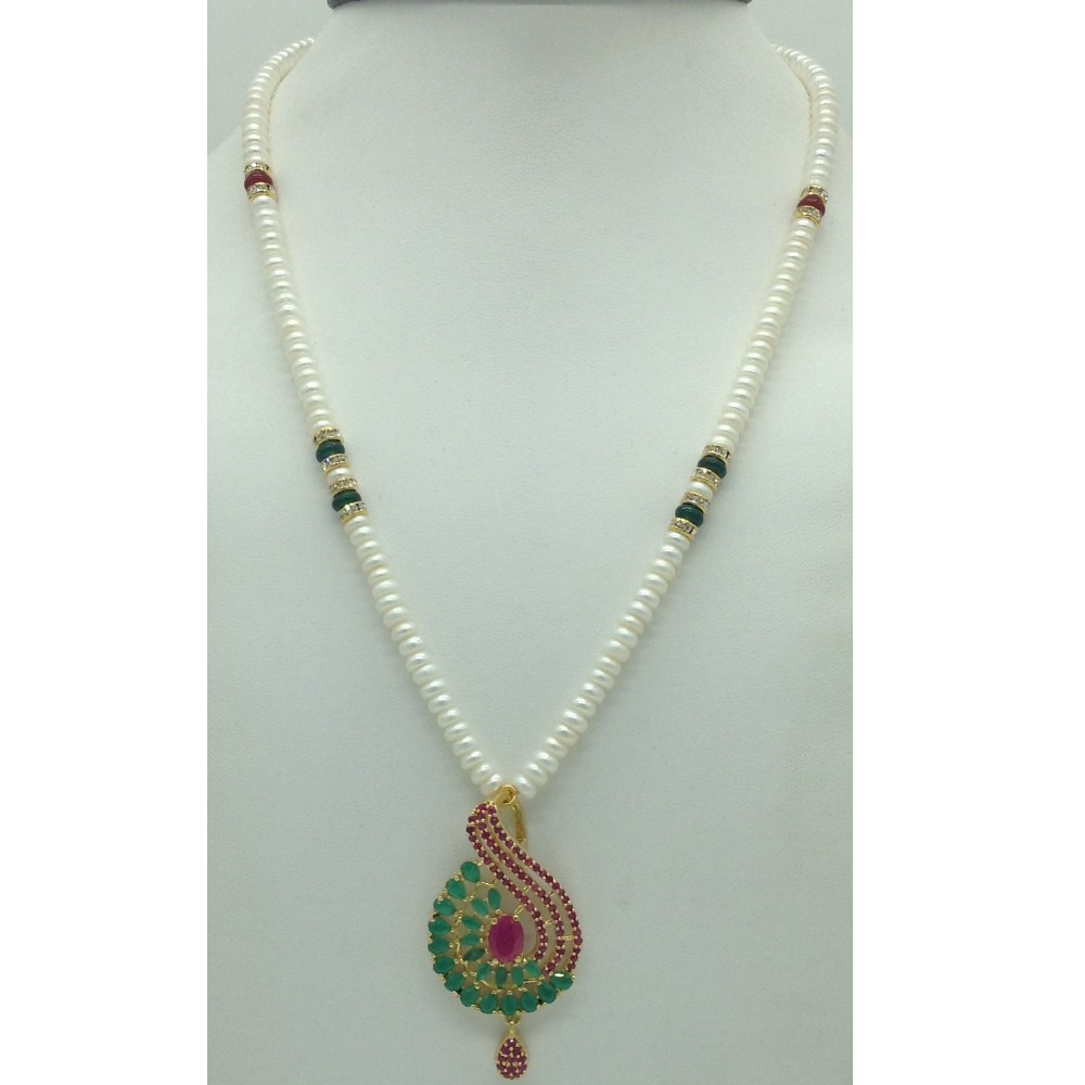 Red,Green Cz Pendent Set With 1 Line White Pearls Mala JPS0841