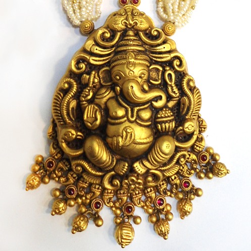 916 Gold Antique Ganesh Design Long Necklace Set RHJ-5253