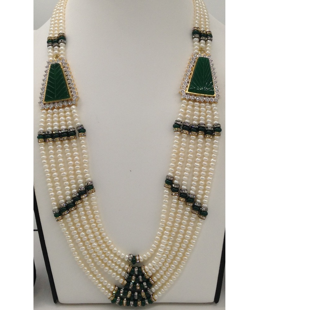 White cz and green semi precious stone broach set with 6 lines flat pearls mala jps0441
