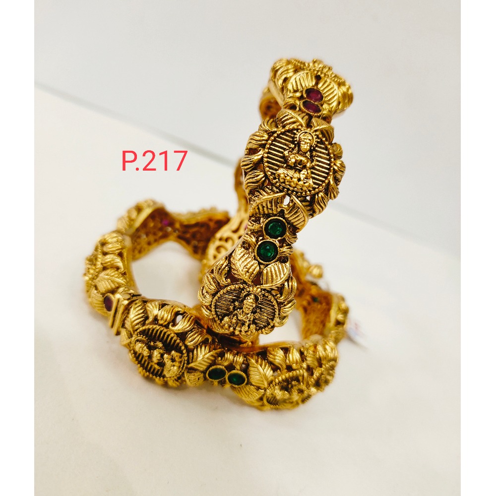 Different style Antique golden laxmiji design work with green and pink color stone & screw openable kada 1205