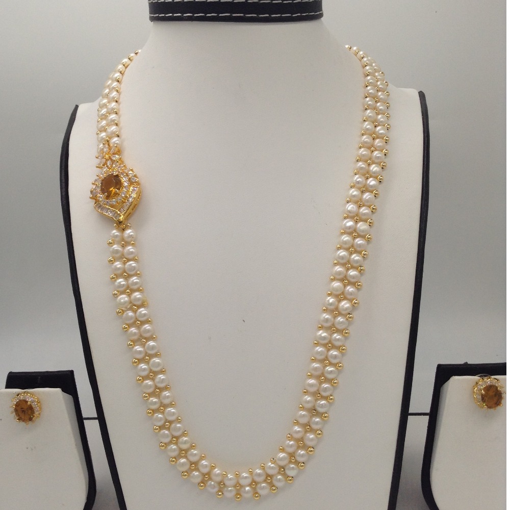 White And Golden CZ Broach Set With 2 Line Button Jali Pearls Mala JPS0183