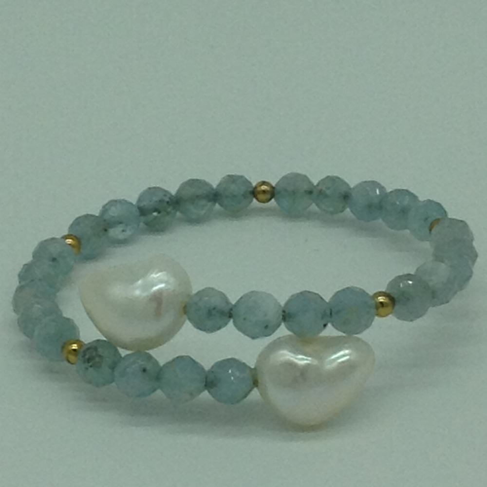 White Baroque Pearls And Aquamarine With Golden Jaco Balls Spiral Bracelet JBG0150