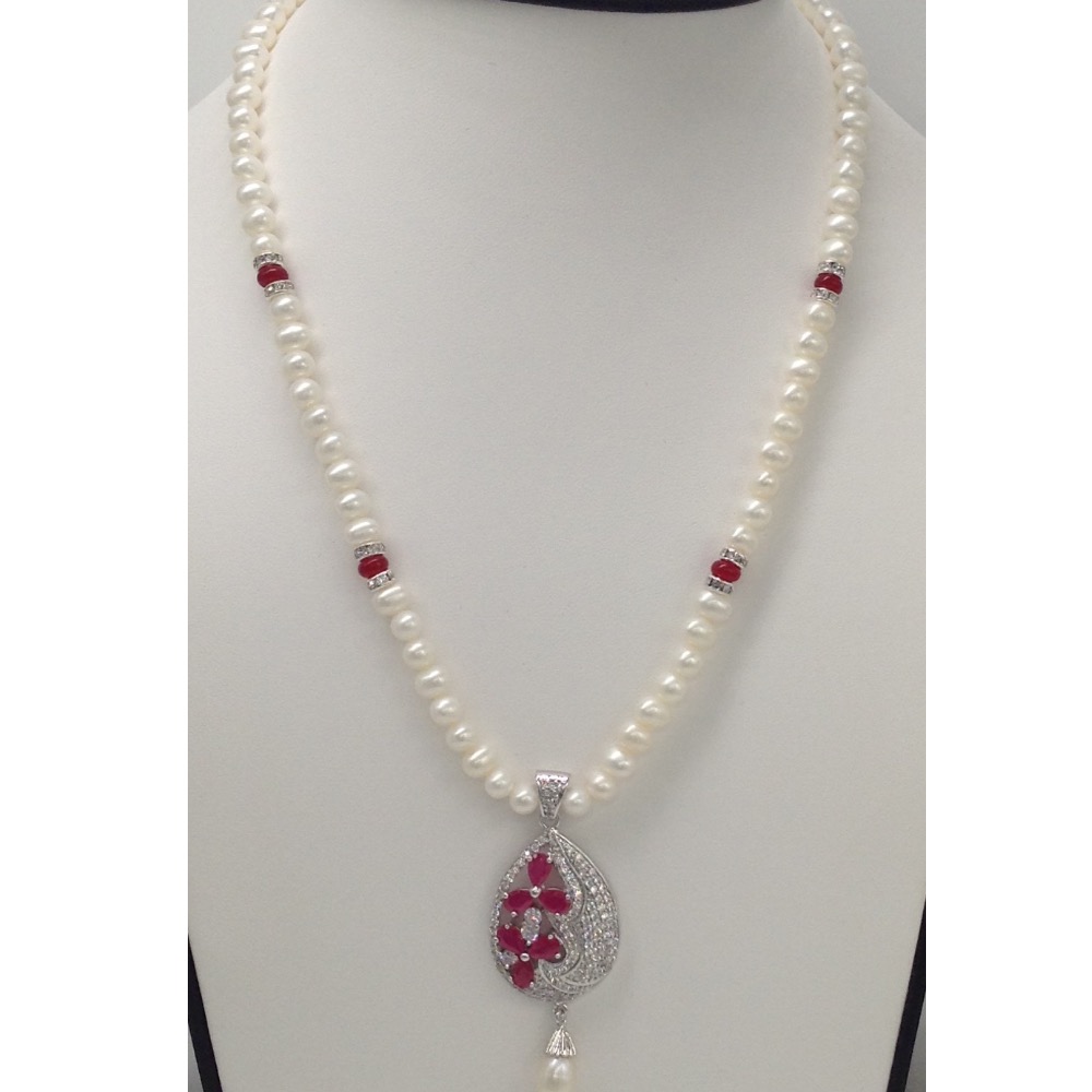 White;red cz pendent set with potato pearls mala jps0019