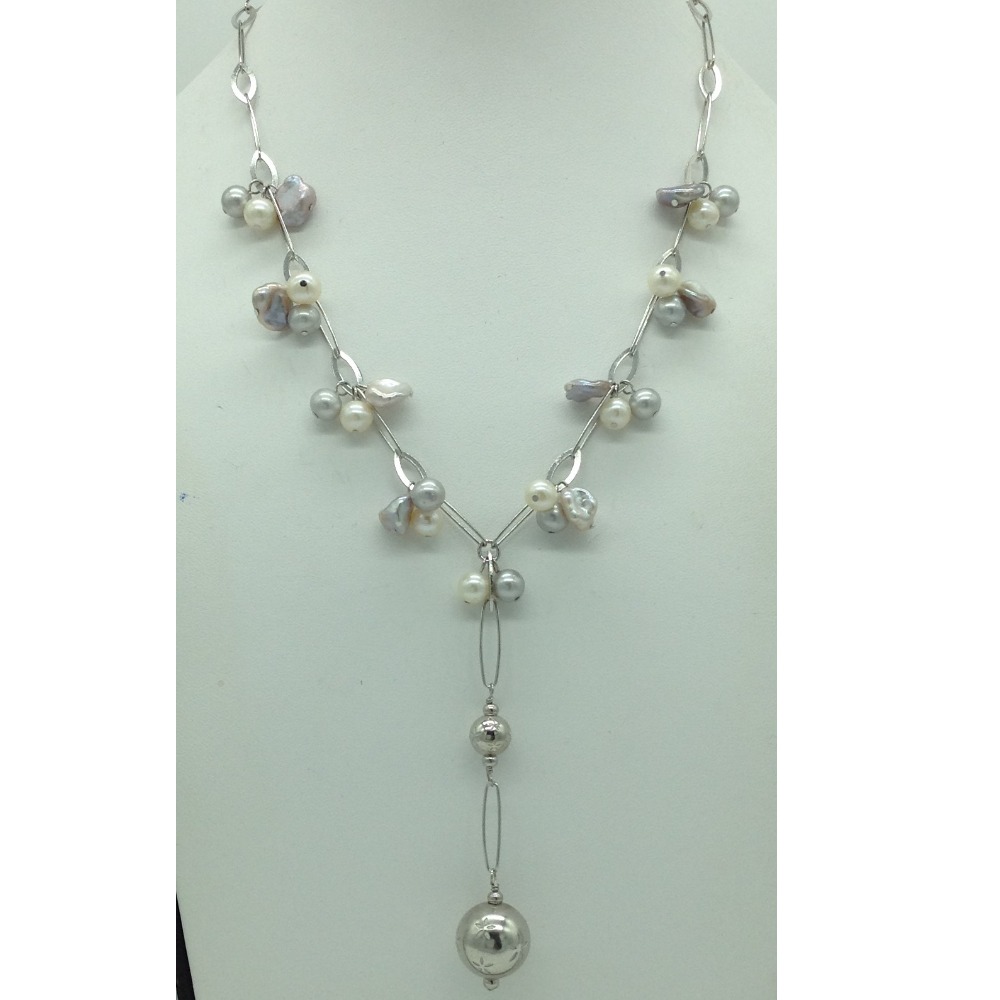 Freshwater white and grey pearls silver chain set jnc0083