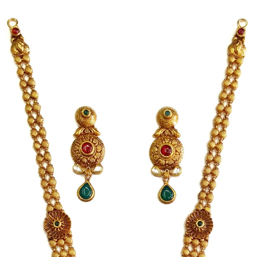 22k Gold Antique Round Shaped Necklace Set MGA - GLS078