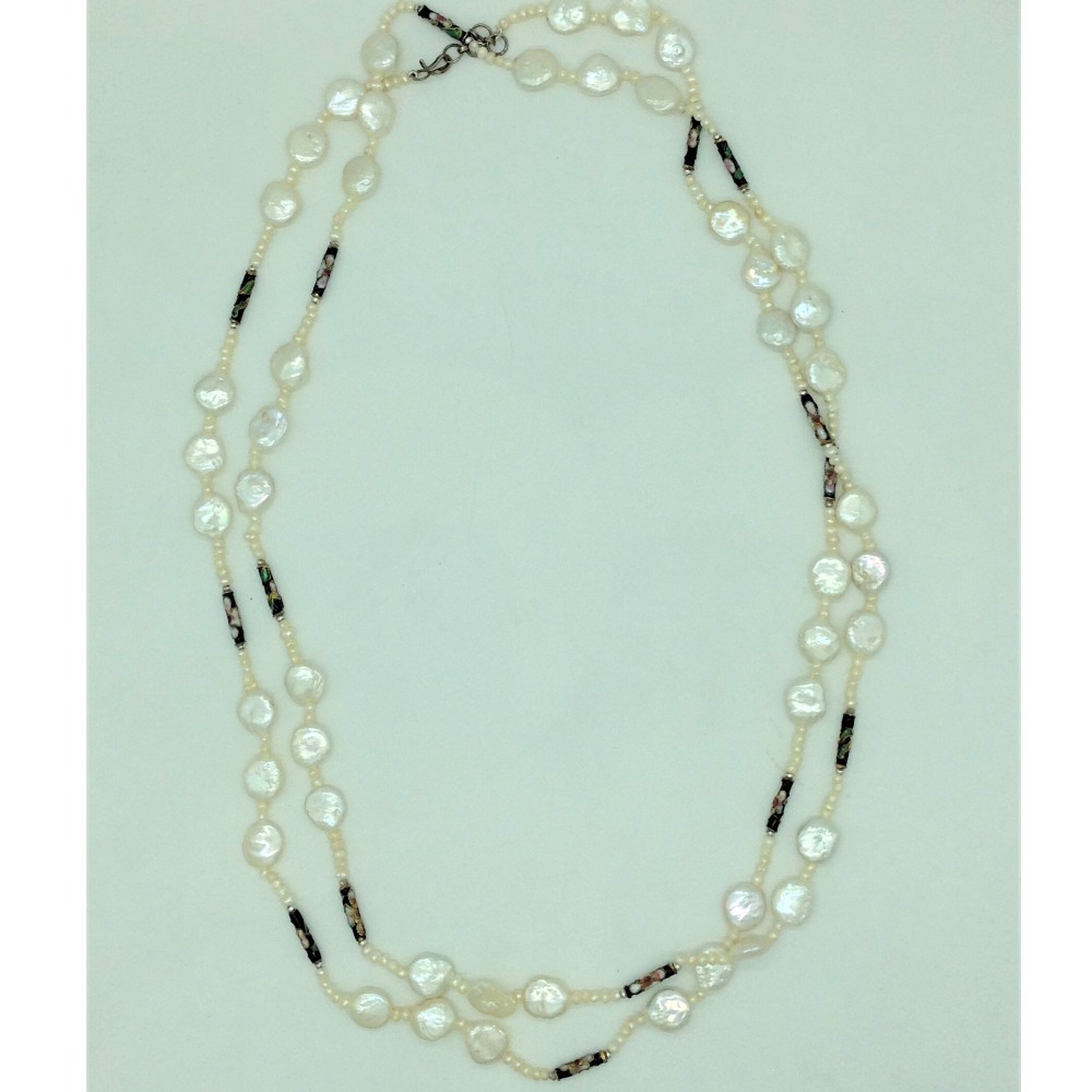 White Baroque And Seed Pearls Enamel Balls Long Mala JPM0445