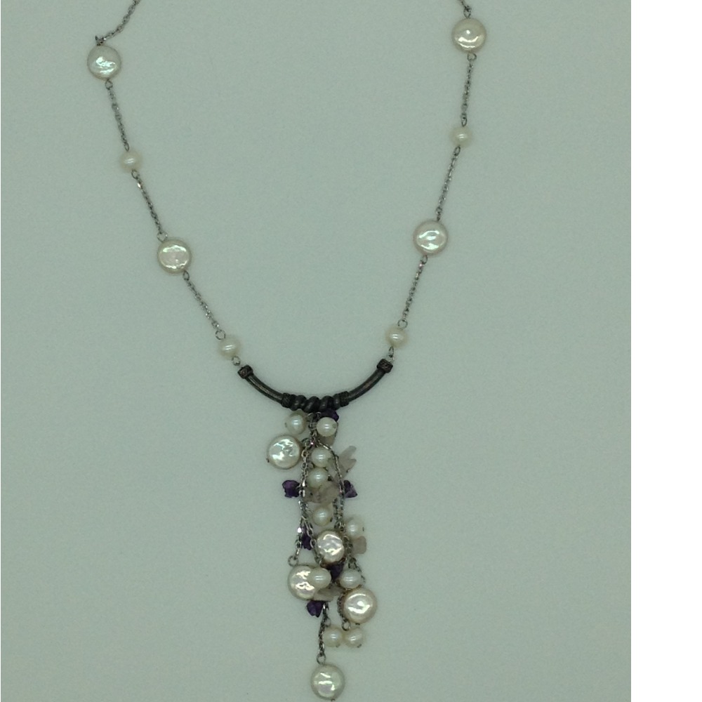 Freshwater white pearls and semi chips silver chain jnc0082