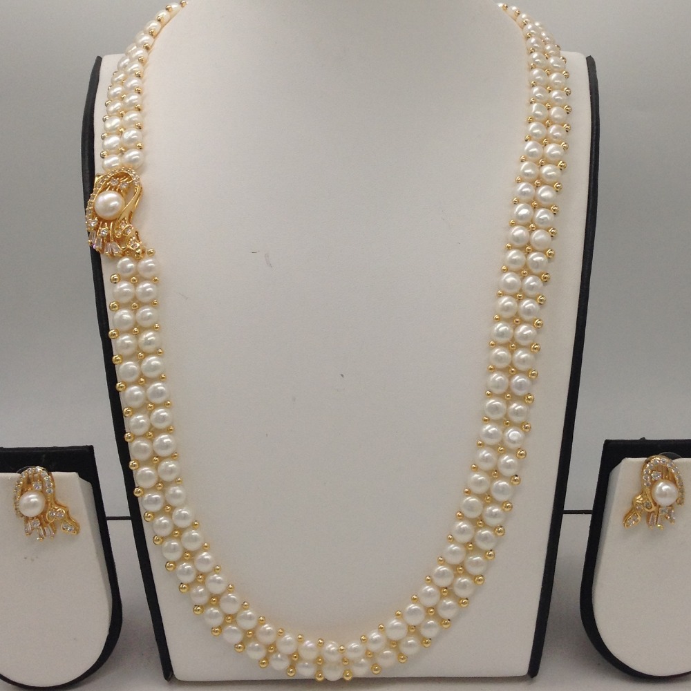 White CZ And Pearls Broach Set With 2 Line Button Jali Pearls Mala JPS0221